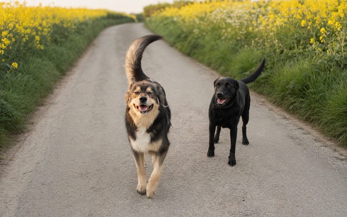 Two happy dogs walking together on a country lane