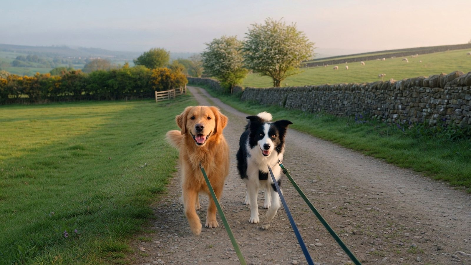 Happy dogs on a countryside path near Selby